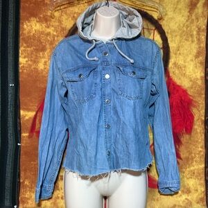 DIVIDED by H&M-blue denim long sleeve button-up crop/cut jean hooded jacket